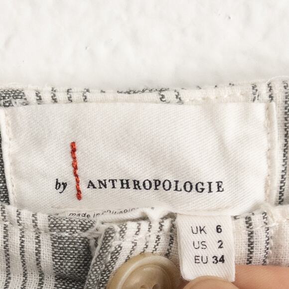 Anthropologie Cream and Green Stripe Button Fly Linen Cotton Shorts 2 - Picture 5 of 10